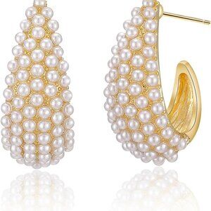 Pearl Hoop Earrings Women Gold 14K Gold Plated Hypoallergenic Statement Jewelry